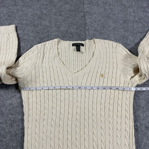 Lauren Ralph Lauren Sweater Cable Knit Cotton V Neck Ivory Cream Womens Large - Picture 3 of 8